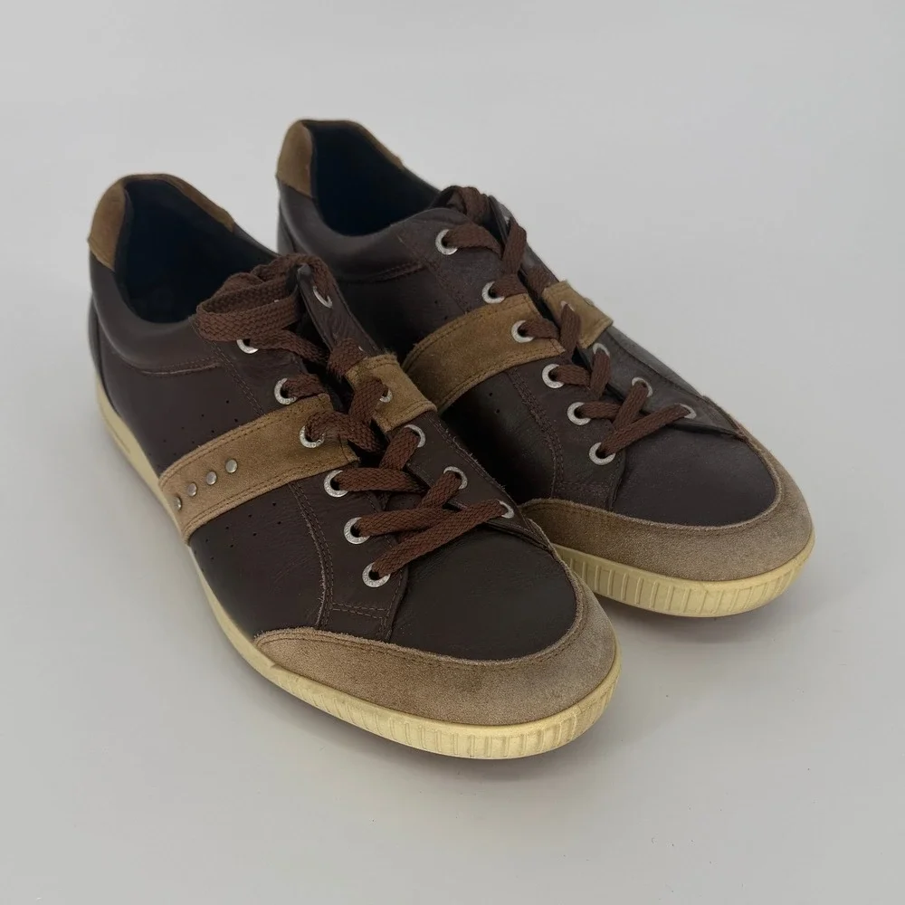 ECCO Mens Brown Leather Suede Low Top Lace Up Sneakers Studded Size 46